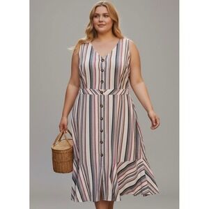 LOVE & LEGEND Plus Size 4X Striped Button Front Midi Dress Linen Blend